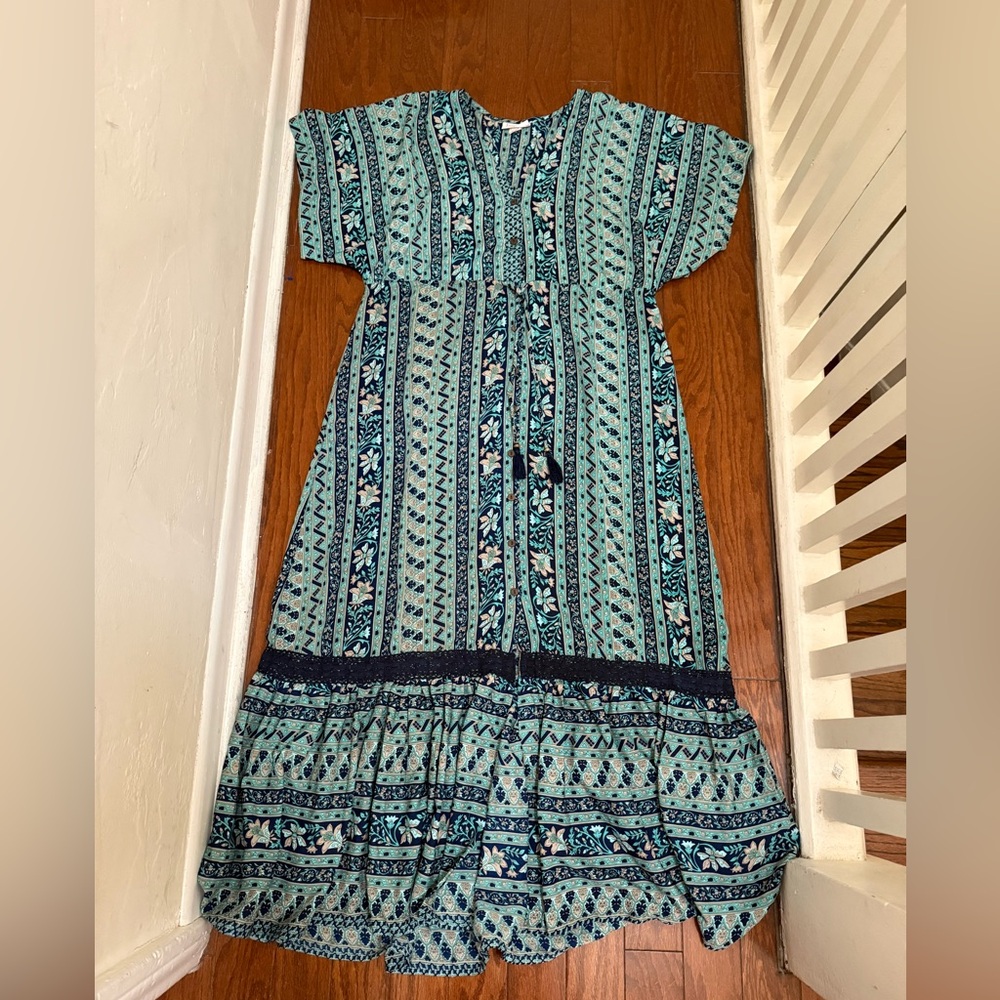 Anthropologie Boemo Womens Teal Blue Floral Boho cottagecore Maxi Dress M